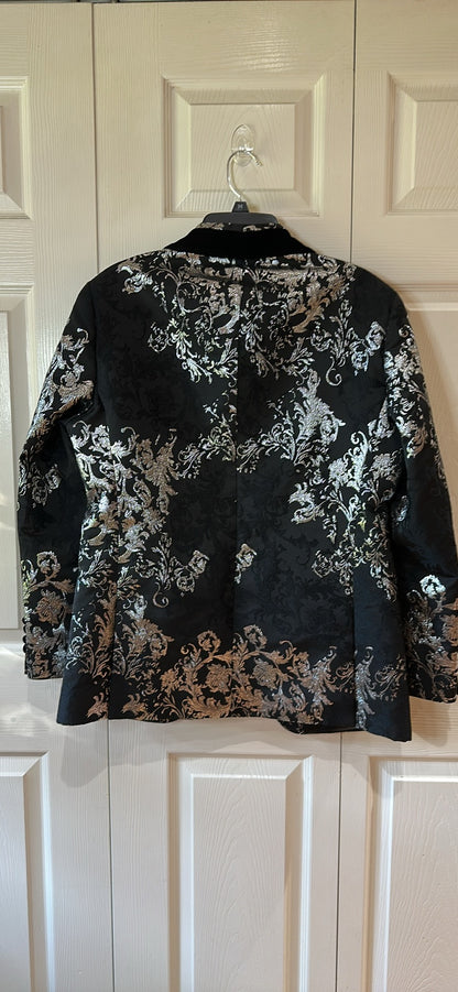 Men's Medium Black and Silver Floral Brocade Blazer with Velvet Lapels - Medium