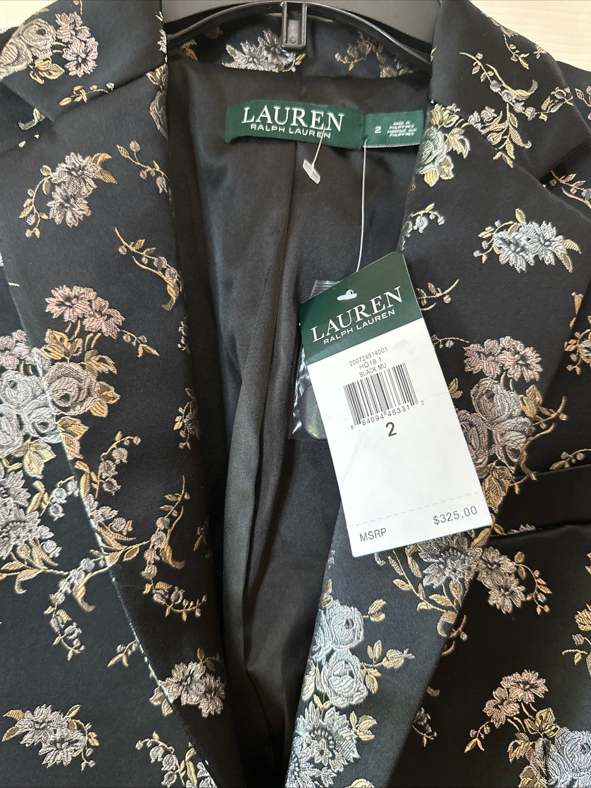 Lauren Ralph Lauren Black Floral Single Button Blazer Jacket Size 2 Evening