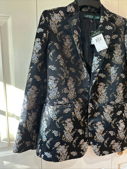 Lauren Ralph Lauren Black Floral Single Button Blazer Jacket Size 2 Evening