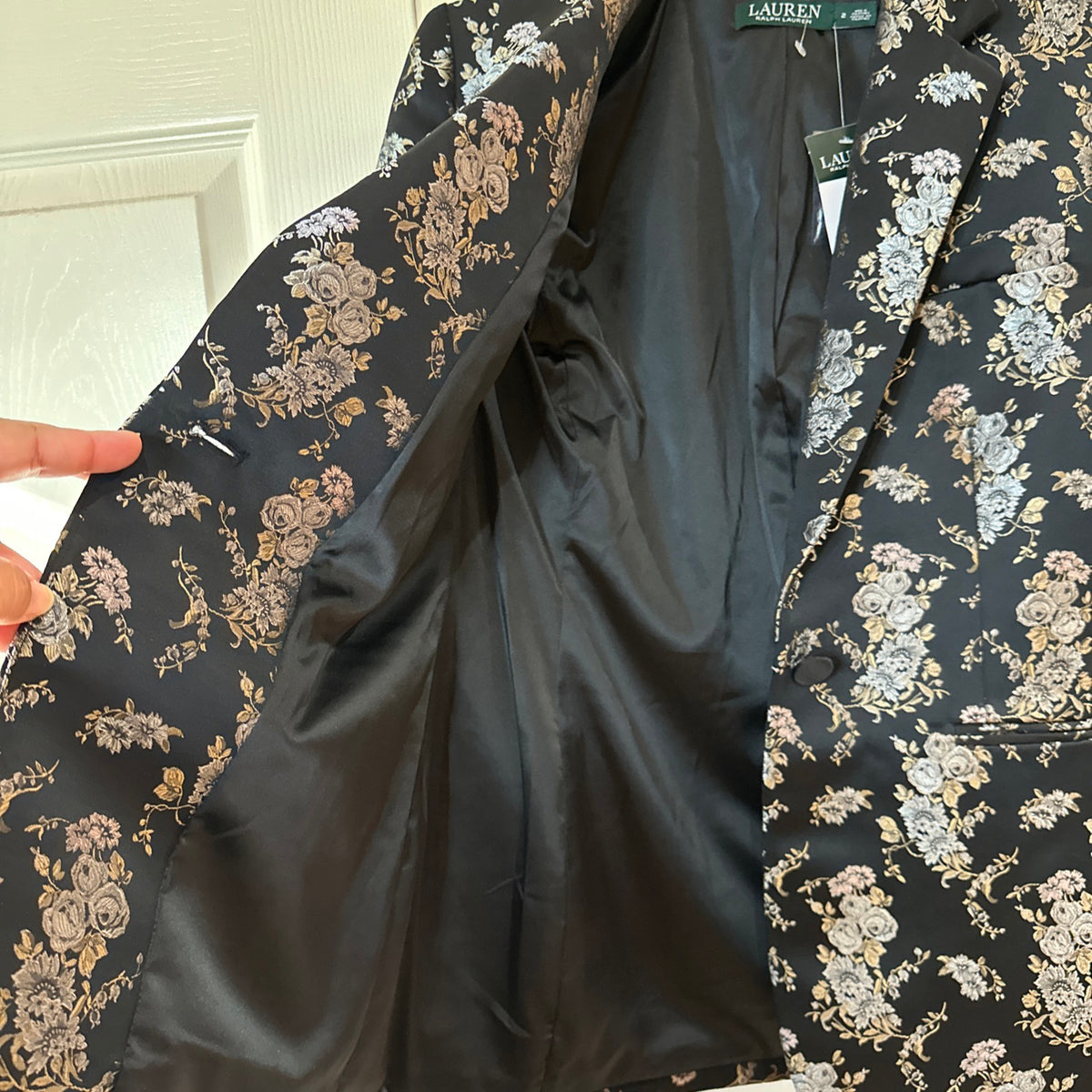 Lauren Ralph Lauren Black Floral Single Button Blazer Jacket Size 2 Evening