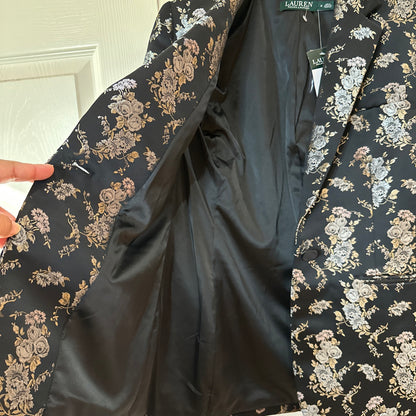 Lauren Ralph Lauren Black Floral Single Button Blazer Jacket Size 2 Evening
