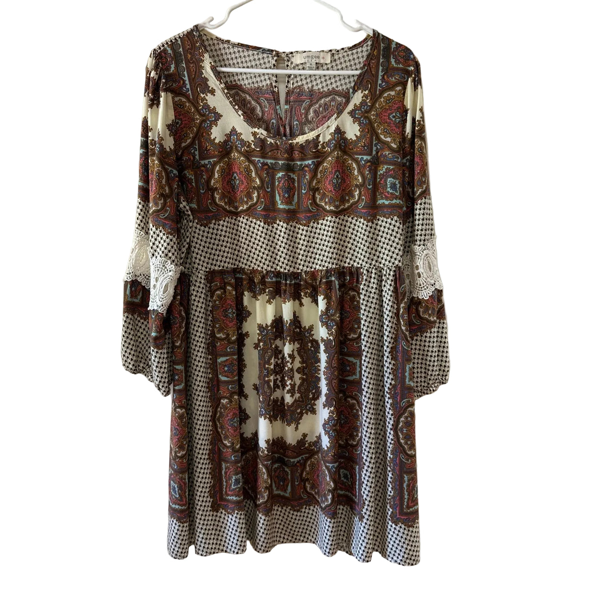 Umgee Women's Dress Xl Lace Long sleeve Tan White Blue Multi Color Comfortable