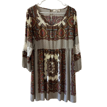 Umgee Women's Dress Xl Lace Long sleeve Tan White Blue Multi Color Comfortable
