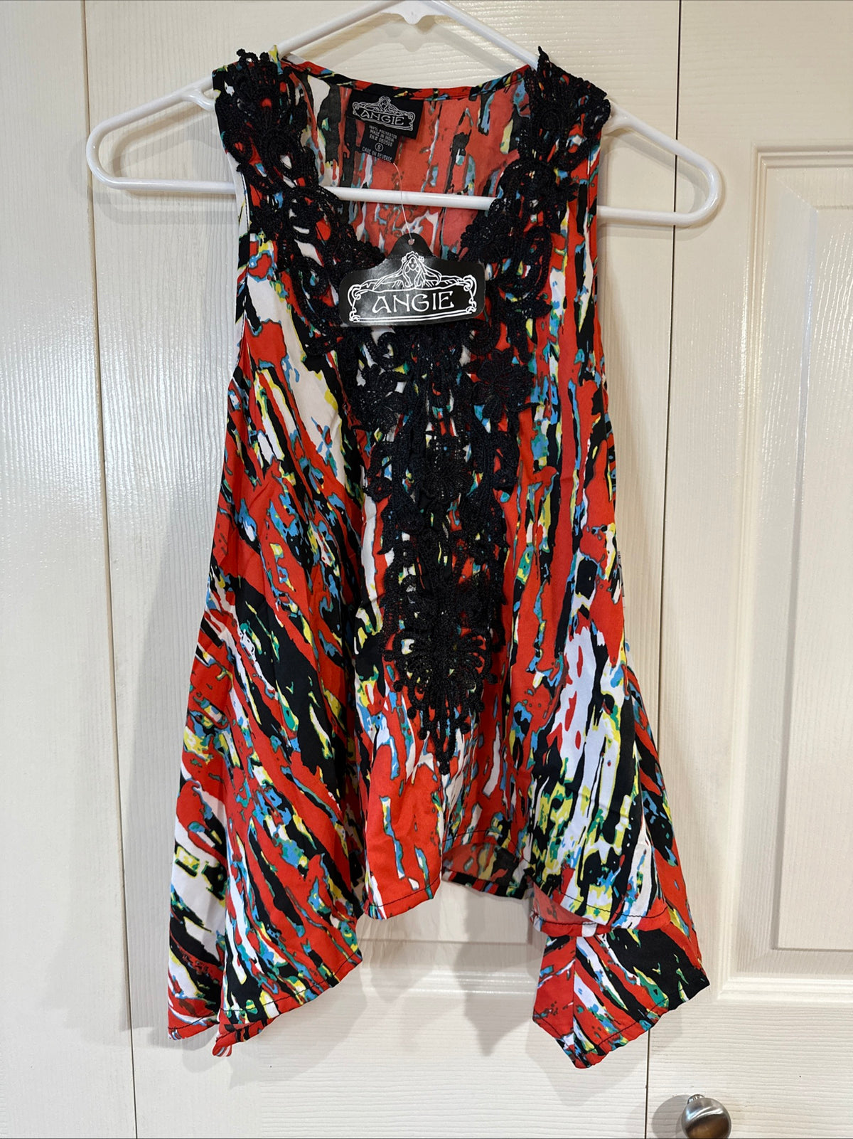 NWT Angie Small Lace Trim Babydoll Tank Top Boho Cami Red Multicolor Women's