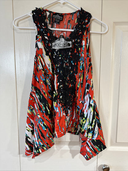 NWT Angie Small Lace Trim Babydoll Tank Top Boho Cami Red Multicolor Women's