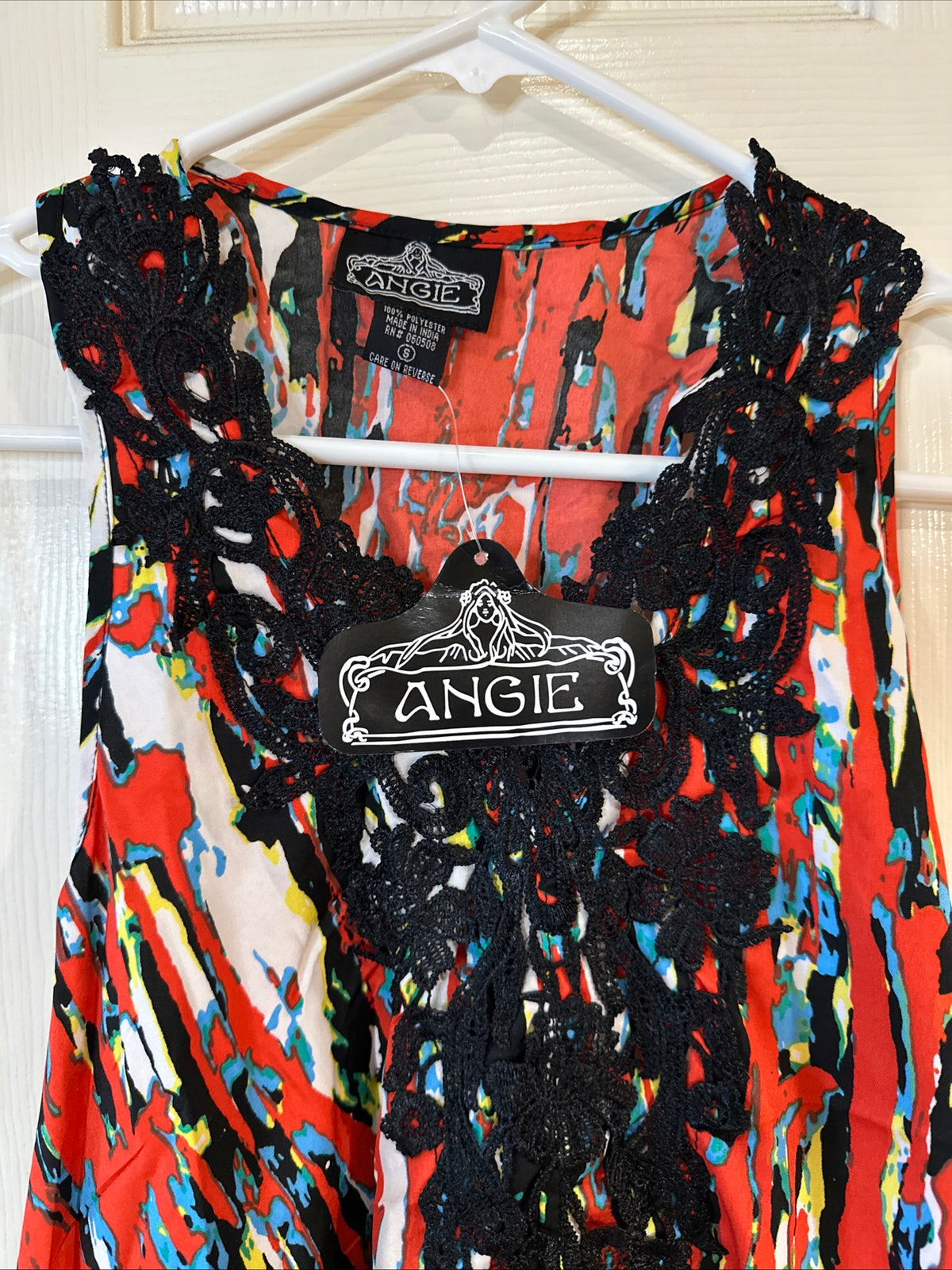 NWT Angie Small Lace Trim Babydoll Tank Top Boho Cami Red Multicolor Women's