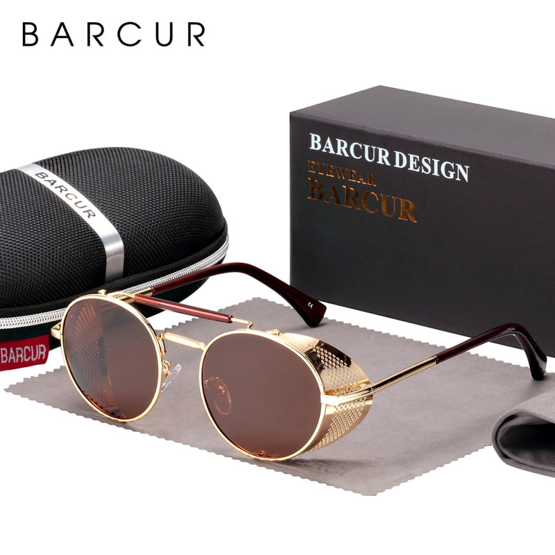 BARCUR Polarized Steampunk Round Sunglasses Men Retro Sun Glasses For Women Vintage Style