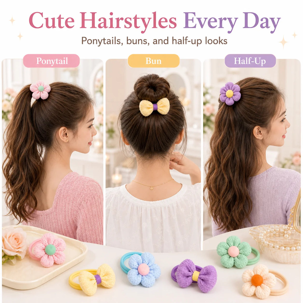 12PCS New Cut Hair Ties Princess Sweet Flower Bow Girls Women Elastic Hair Bands Hair Accessories Headwear Scrunchies 2030