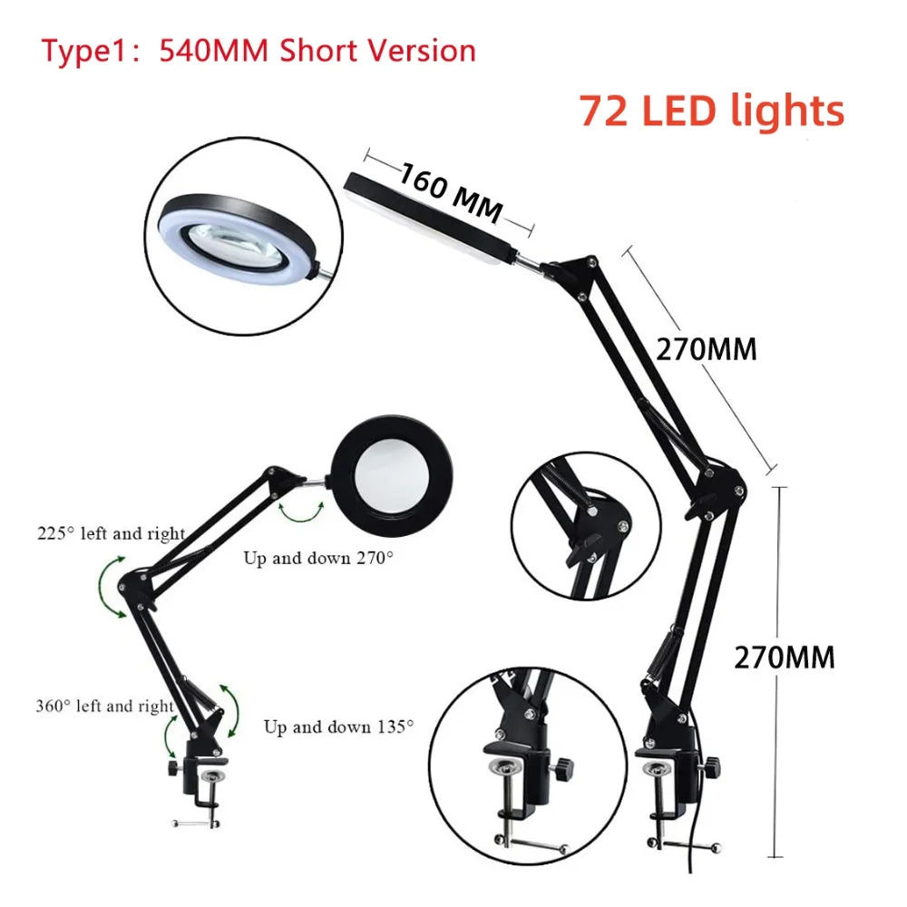 3 Colors LED Magnifying Glass  72LED 8X/10X NEW Illuminated Magnifier USB for Soldering Iron Repair/Table Lamp/Skincare Beauty