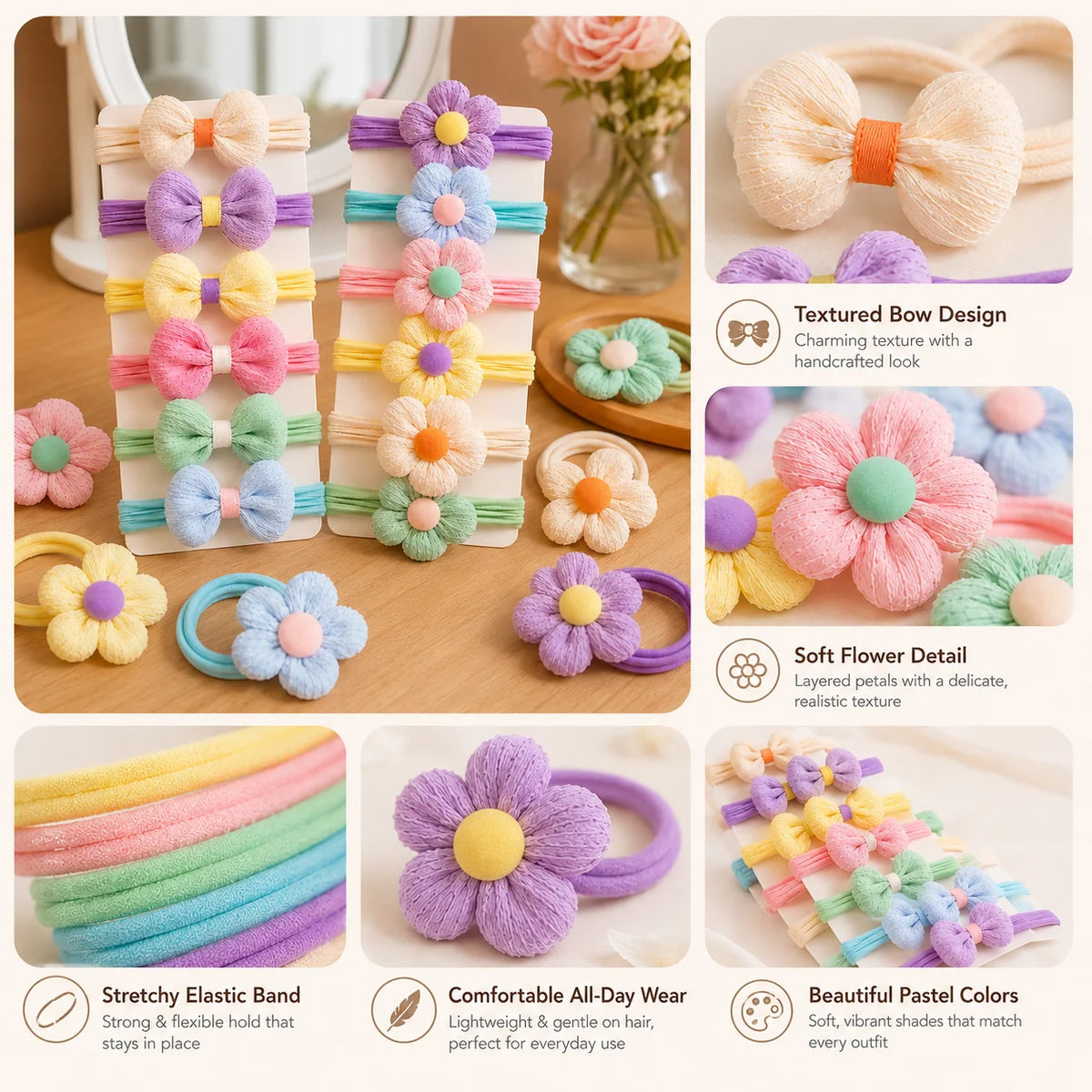 12PCS New Cut Hair Ties Princess Sweet Flower Bow Girls Women Elastic Hair Bands Hair Accessories Headwear Scrunchies 2030