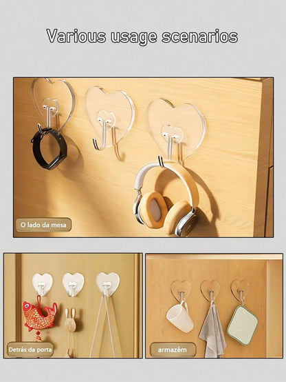 12/20/30/50/100pcs Strong Transparent Adhesive Wall Hooks - Casual Style, Easy To Install, No Drilling Required, Plastic Heart-Shaped Practical Hooks, Suitable For Kitchen And Bathroom, Bathroom Storage, Bathroom Decor, Autum