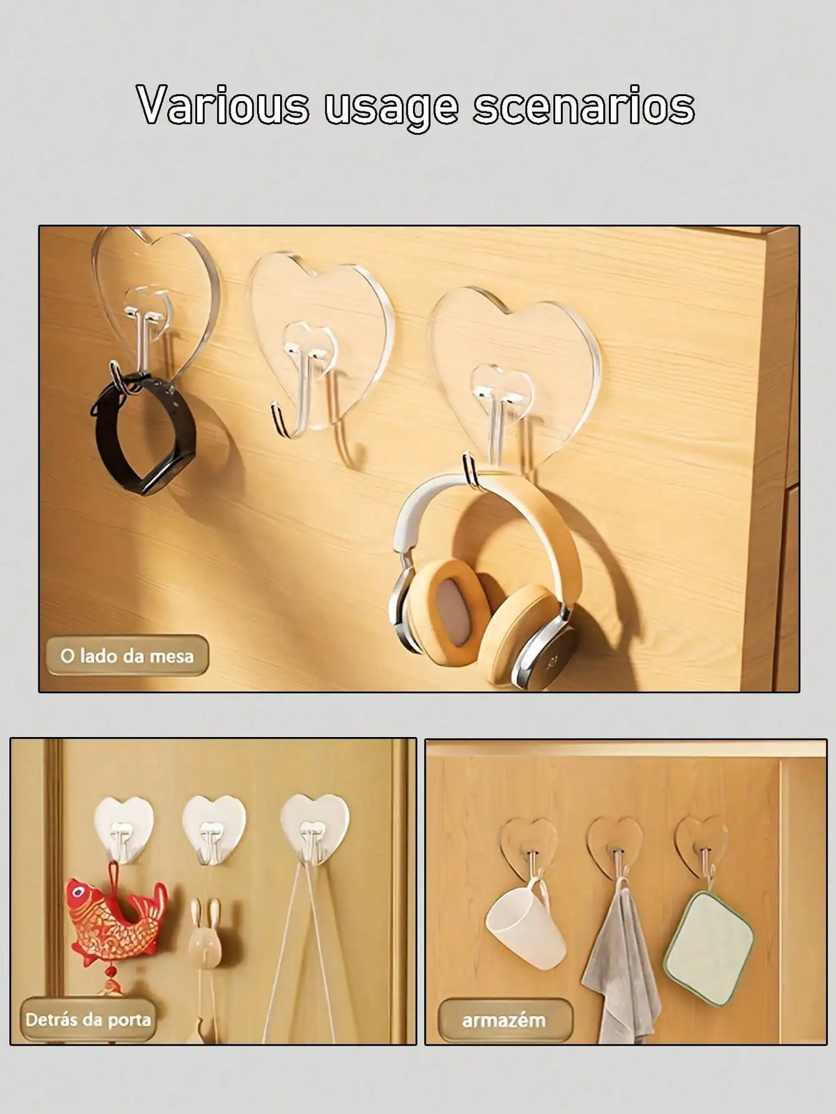 12/20/30/50/100pcs Strong Transparent Adhesive Wall Hooks - Casual Style, Easy To Install, No Drilling Required, Plastic Heart-Shaped Practical Hooks, Suitable For Kitchen And Bathroom, Bathroom Storage, Bathroom Decor, Autum