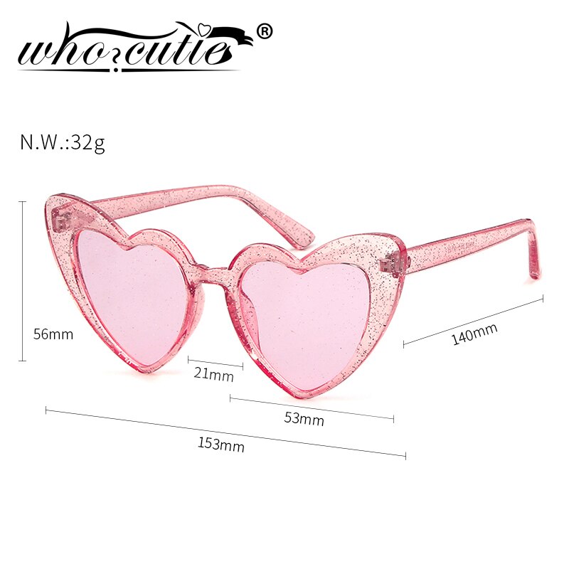 WHO CUTIE Women Sunglasses Vintage Brand Designer Red Heart Shape Pink Glitter Lens Funny Sun Glasses Girls Party Festival OM863