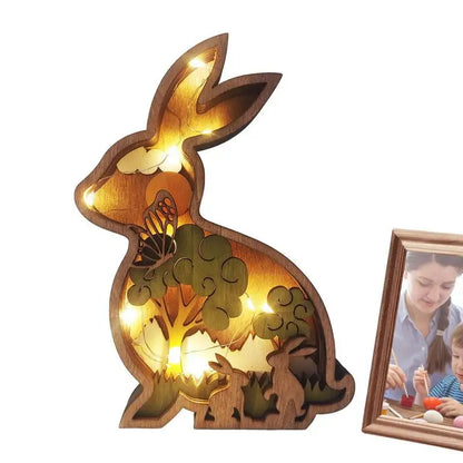 Easter Wooden Animal Ornaments LED Light 3D Hollow Carving Rabbit Home Room Decor Figurines Crafts Desktop Bedroom Decoration