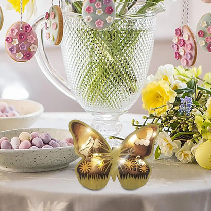 Easter Wooden Animal Ornaments LED Light 3D Hollow Carving Rabbit Home Room Decor Figurines Crafts Desktop Bedroom Decoration