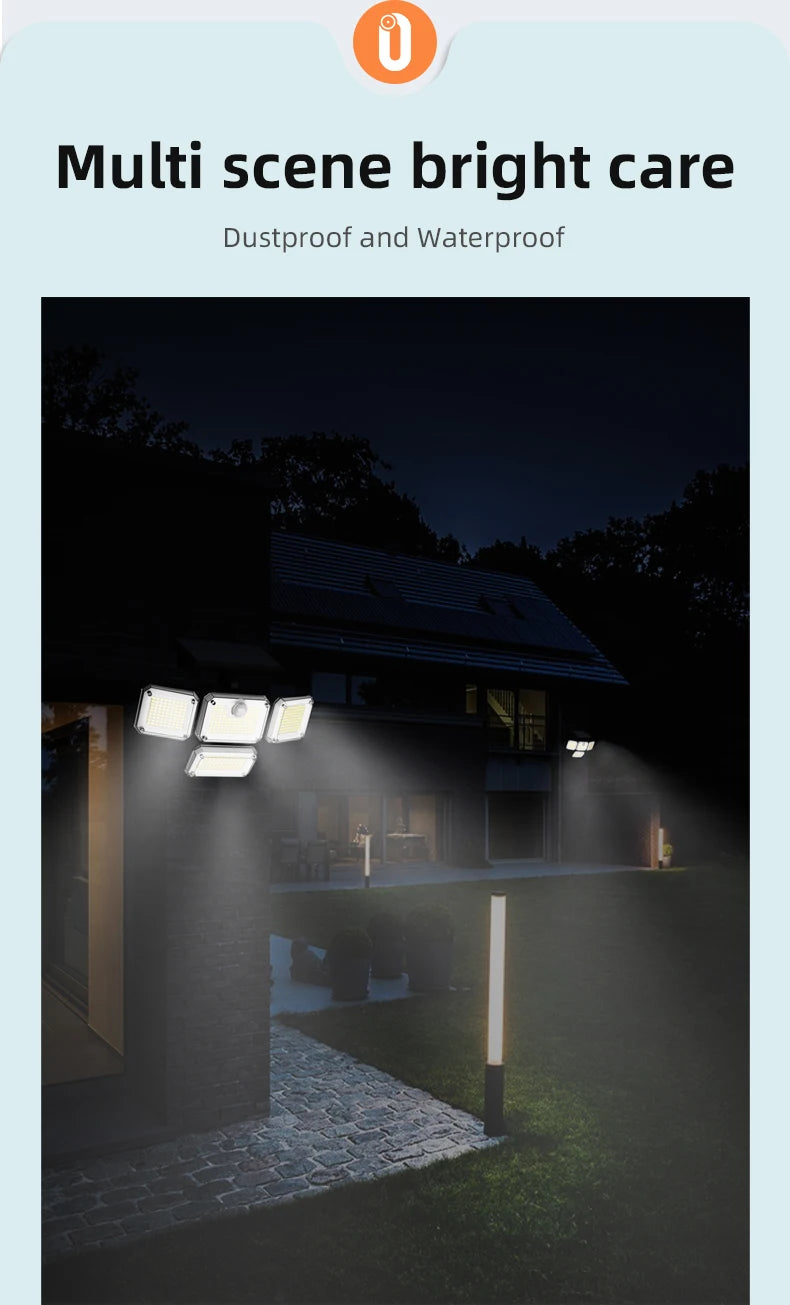 5000LM Outdoor Motion Sensor Lamp 333 LED IP65 Waterproof 4-Head Solar Power Light  Flood Lights 270° Lighting Range Outdoor Indoor Solar Garden Lamp With Adjustable Head Wide Lighting
