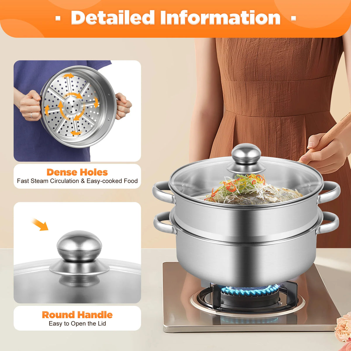 32CM Stainless Steel Steamer Pot 5-Tier Large Steaming Pot Cookware W/Lid & Handle for Vegetable, Dumpling, Stock, Sauce