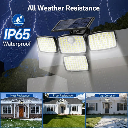218LED Solar Motion Sensor Street Light, 4 Head Solar Lights Outdoor 3 Modes IP65 Waterproof Solar Flood Lamp for Garden, Remote