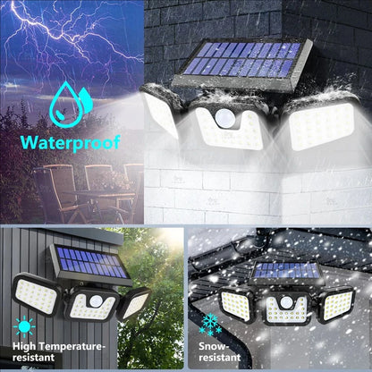 Solar Outdoor Motion Sensor Light, 3 Head Adjustable Angle Solar Security Light with 74 LEDs, Wide Angle Illumination, PIR Motion Detection, IP54 Waterproof Wireless Wall Light for Yard, Garden, Patio and Garage