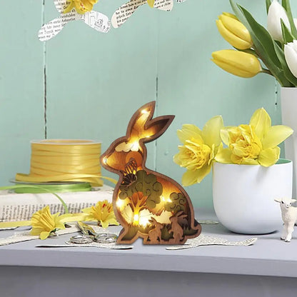 Easter Wooden Animal Ornaments LED Light 3D Hollow Carving Rabbit Home Room Decor Figurines Crafts Desktop Bedroom Decoration