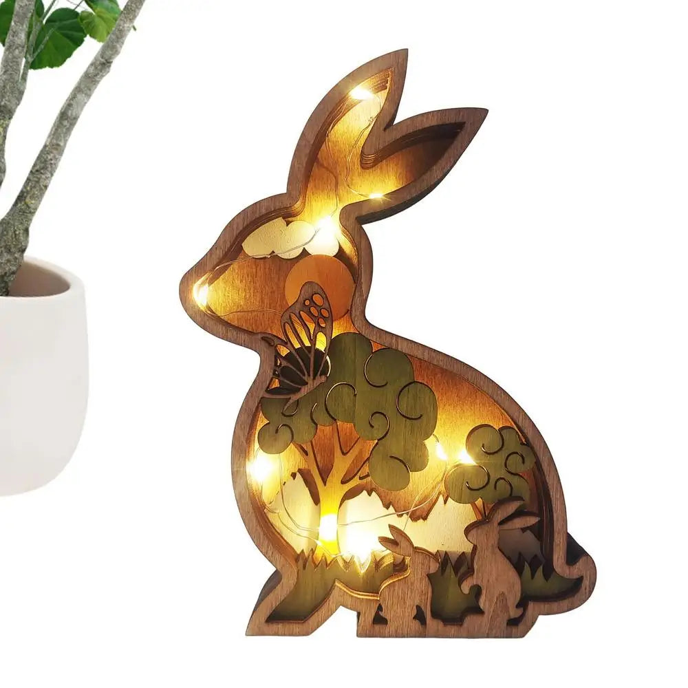 Easter Wooden Animal Ornaments LED Light 3D Hollow Carving Rabbit Home Room Decor Figurines Crafts Desktop Bedroom Decoration