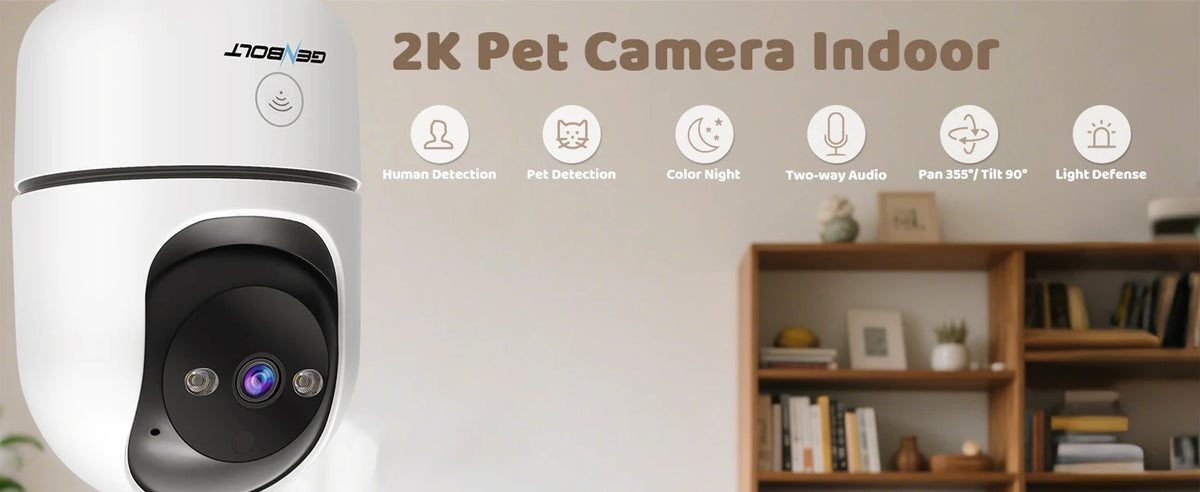 2K Pet Camera WiFi Security Camera Indoor Home Surveillance Camera, Motion Detection, Two-Way Audio, Night Vision, GENBOLT