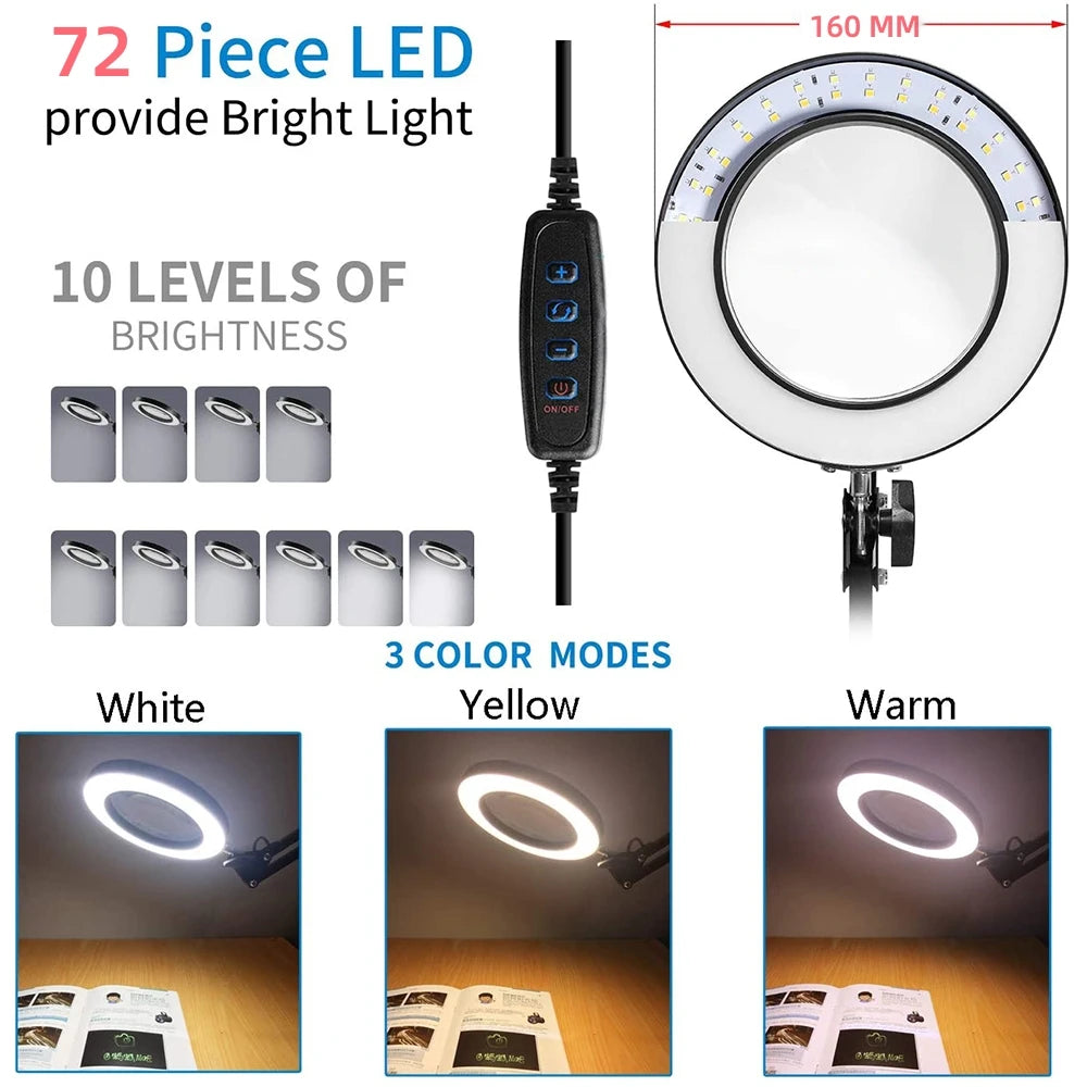 3 Colors LED Magnifying Glass  72LED 8X/10X NEW Illuminated Magnifier USB for Soldering Iron Repair/Table Lamp/Skincare Beauty