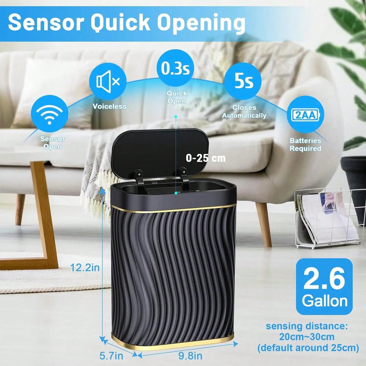 Smart Motion Sensor Trash Can, 2.6 Gallon Small Touchless Pop-Up Bin, Space Saving Waste Basket for Bathroom, Kitchen, Dorm & Bedroom, White
