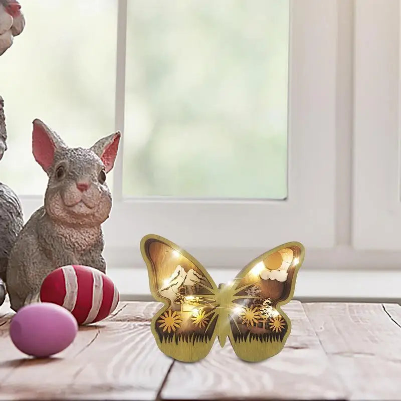 Easter Wooden Animal Ornaments LED Light 3D Hollow Carving Rabbit Home Room Decor Figurines Crafts Desktop Bedroom Decoration