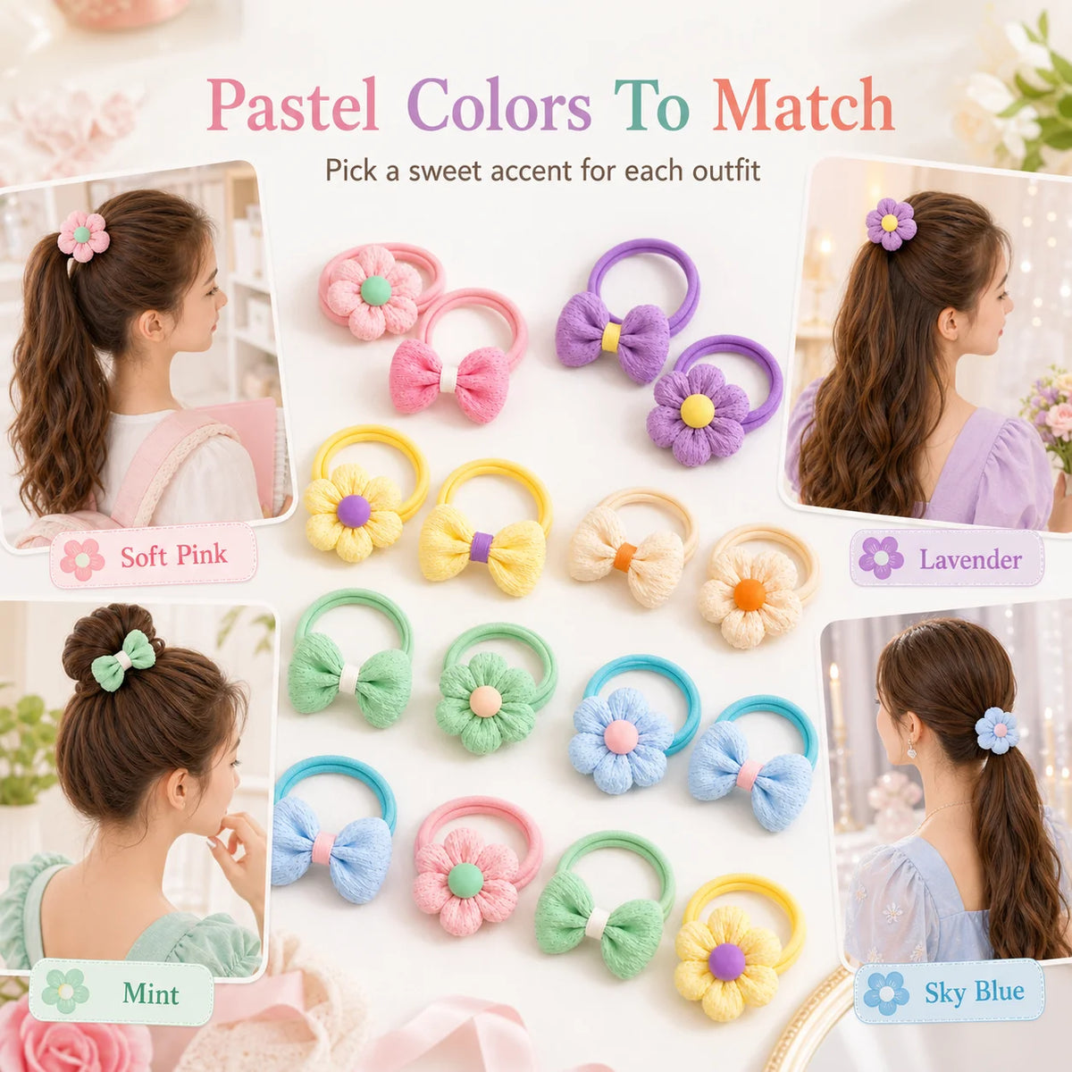 12PCS New Cut Hair Ties Princess Sweet Flower Bow Girls Women Elastic Hair Bands Hair Accessories Headwear Scrunchies 2030