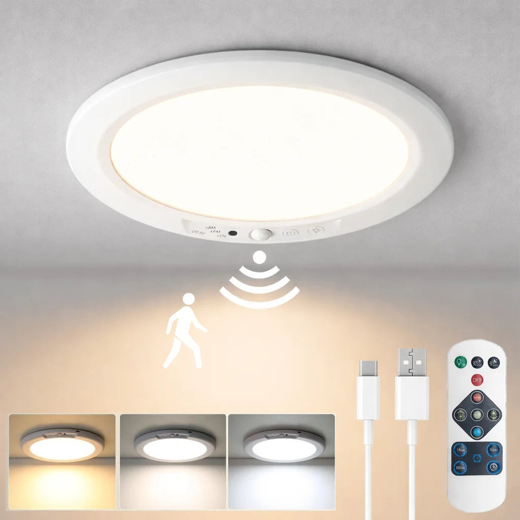 Rechargeable Motion Sensor Ceiling Light with Remote, Battery Operated Closet Light No Wiring, Wireless LED Shower Lights, 3 Colors Dimmable Indoor Overhead Lamp for Closet Shower Pantry Shed Hallway