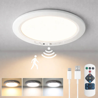 Rechargeable Motion Sensor Ceiling Light with Remote, Battery Operated Closet Light No Wiring, Wireless LED Shower Lights, 3 Colors Dimmable Indoor Overhead Lamp for Closet Shower Pantry Shed Hallway