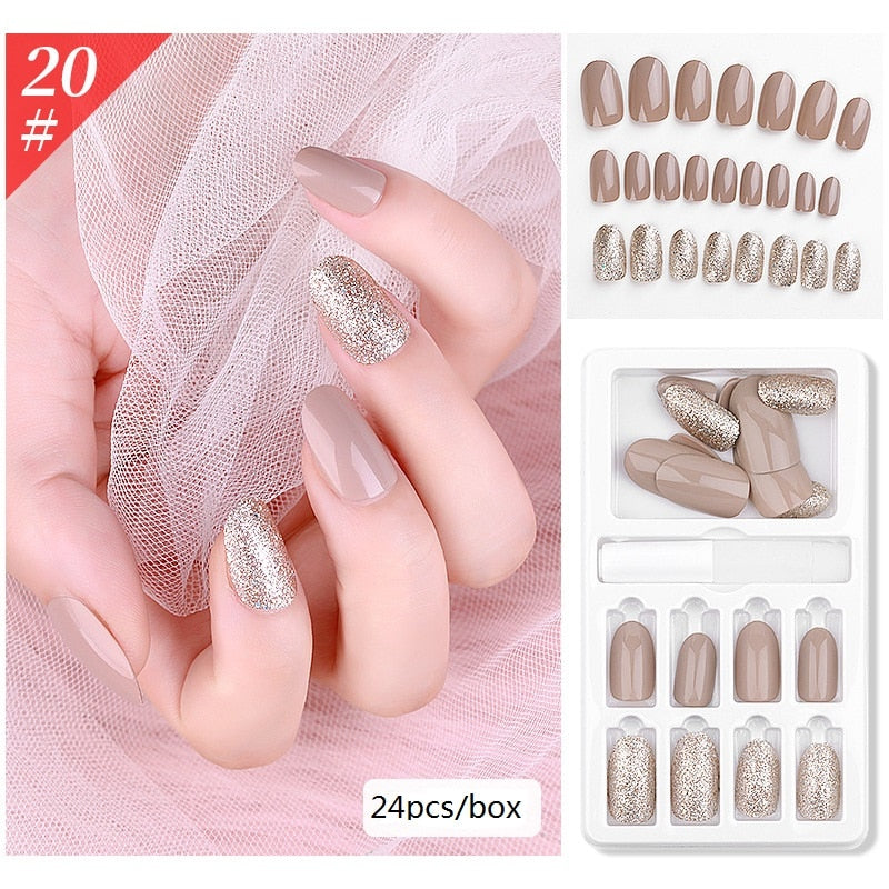 New Hot Reusable Stick-On-Nails 24PCS Reusable Full Cover False Nail Artificial Tips Press On Nails Art Stick on Nails Tips