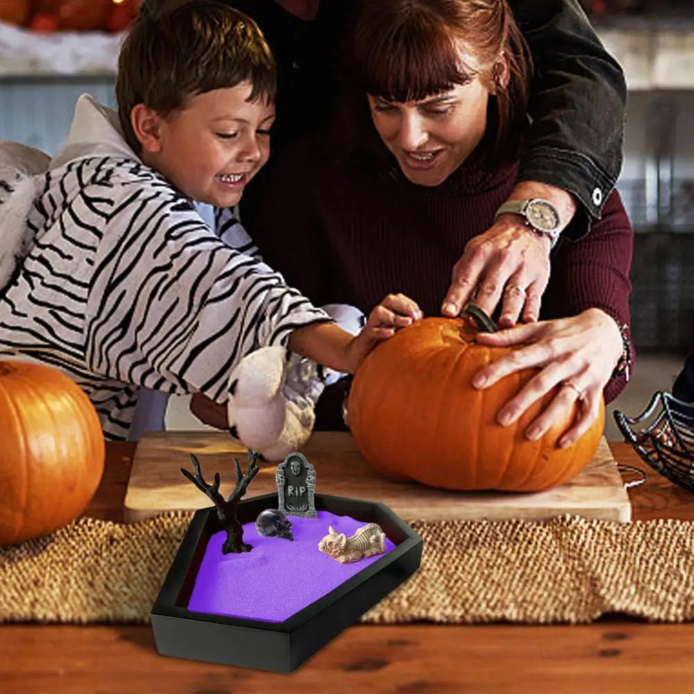 Camping Halloween Coffin Sand Tabletop Decoration, Gothic Zen Garden Kit With Skull For Theme Ornament Creepy Mini Landscape