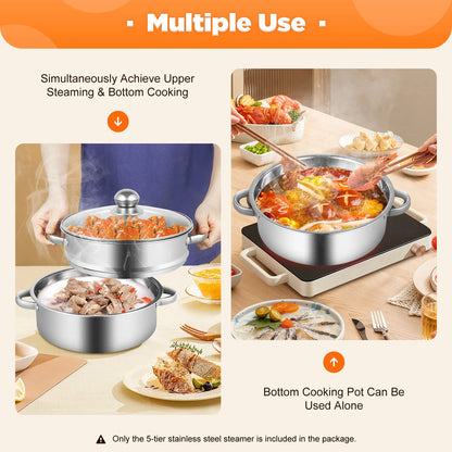 32CM Stainless Steel Steamer Pot 5-Tier Large Steaming Pot Cookware W/Lid & Handle for Vegetable, Dumpling, Stock, Sauce