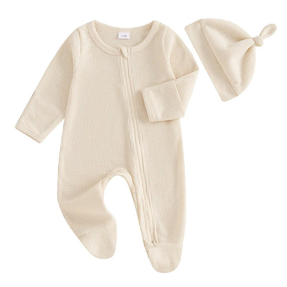 2024-09-07 Lioraitiin Newborn Baby Fall Footed Romper Solid Color Waffle Long Sleeve Crew Neck Zipper Jumpsuit with Hat