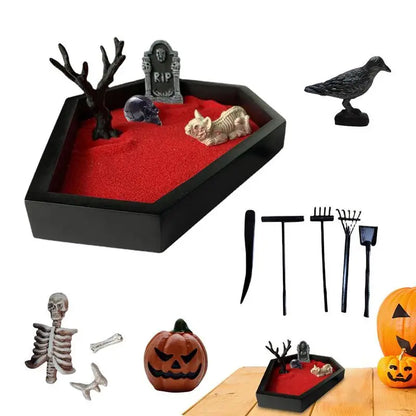 Camping Halloween Coffin Sand Tabletop Decoration, Gothic Zen Garden Kit With Skull For Theme Ornament Creepy Mini Landscape