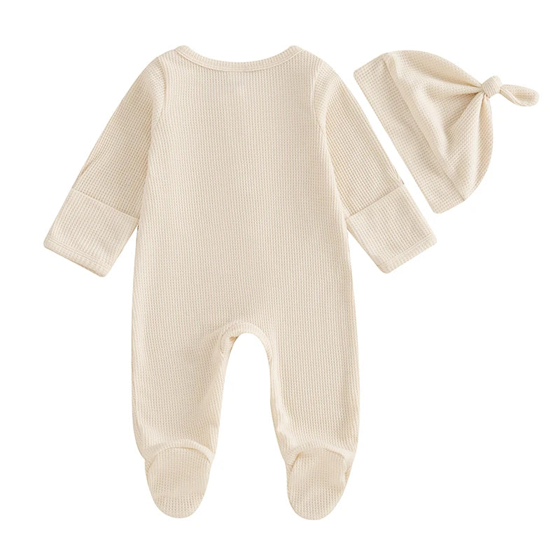 2024-09-07 Lioraitiin Newborn Baby Fall Footed Romper Solid Color Waffle Long Sleeve Crew Neck Zipper Jumpsuit with Hat