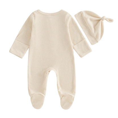 2024-09-07 Lioraitiin Newborn Baby Fall Footed Romper Solid Color Waffle Long Sleeve Crew Neck Zipper Jumpsuit with Hat