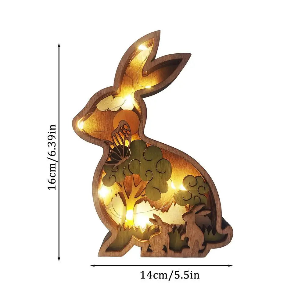 Easter Wooden Animal Ornaments LED Light 3D Hollow Carving Rabbit Home Room Decor Figurines Crafts Desktop Bedroom Decoration