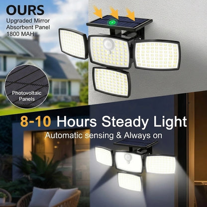 218LED Solar Motion Sensor Street Light, 4 Head Solar Lights Outdoor 3 Modes IP65 Waterproof Solar Flood Lamp for Garden, Remote
