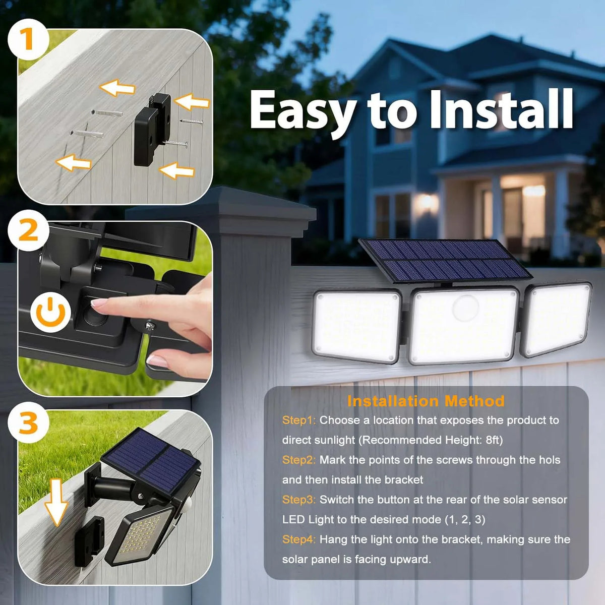 1/2PCS 164LED Motion Sensor Outdoor Street Lights, Solar Lights IP65 Waterproof, 3 Heads Security Flood Lamp, 3 Mode, for Patio