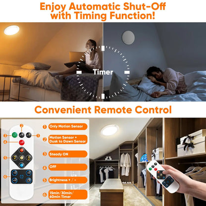 Rechargeable Motion Sensor Ceiling Light with Remote, Battery Operated Closet Light No Wiring, Wireless LED Shower Lights, 3 Colors Dimmable Indoor Overhead Lamp for Closet Shower Pantry Shed Hallway