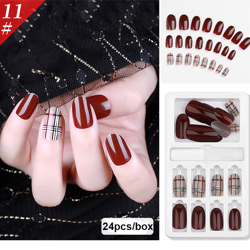 New Hot Reusable Stick-On-Nails 24PCS Reusable Full Cover False Nail Artificial Tips Press On Nails Art Stick on Nails Tips