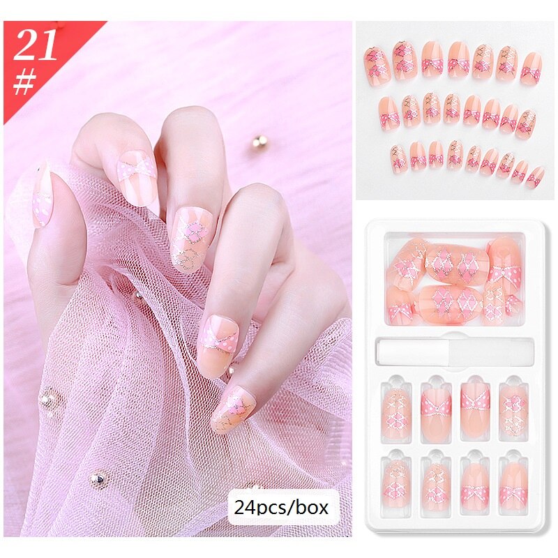 New Hot Reusable Stick-On-Nails 24PCS Reusable Full Cover False Nail Artificial Tips Press On Nails Art Stick on Nails Tips