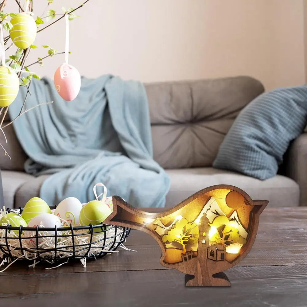 Easter Wooden Animal Ornaments LED Light 3D Hollow Carving Rabbit Home Room Decor Figurines Crafts Desktop Bedroom Decoration