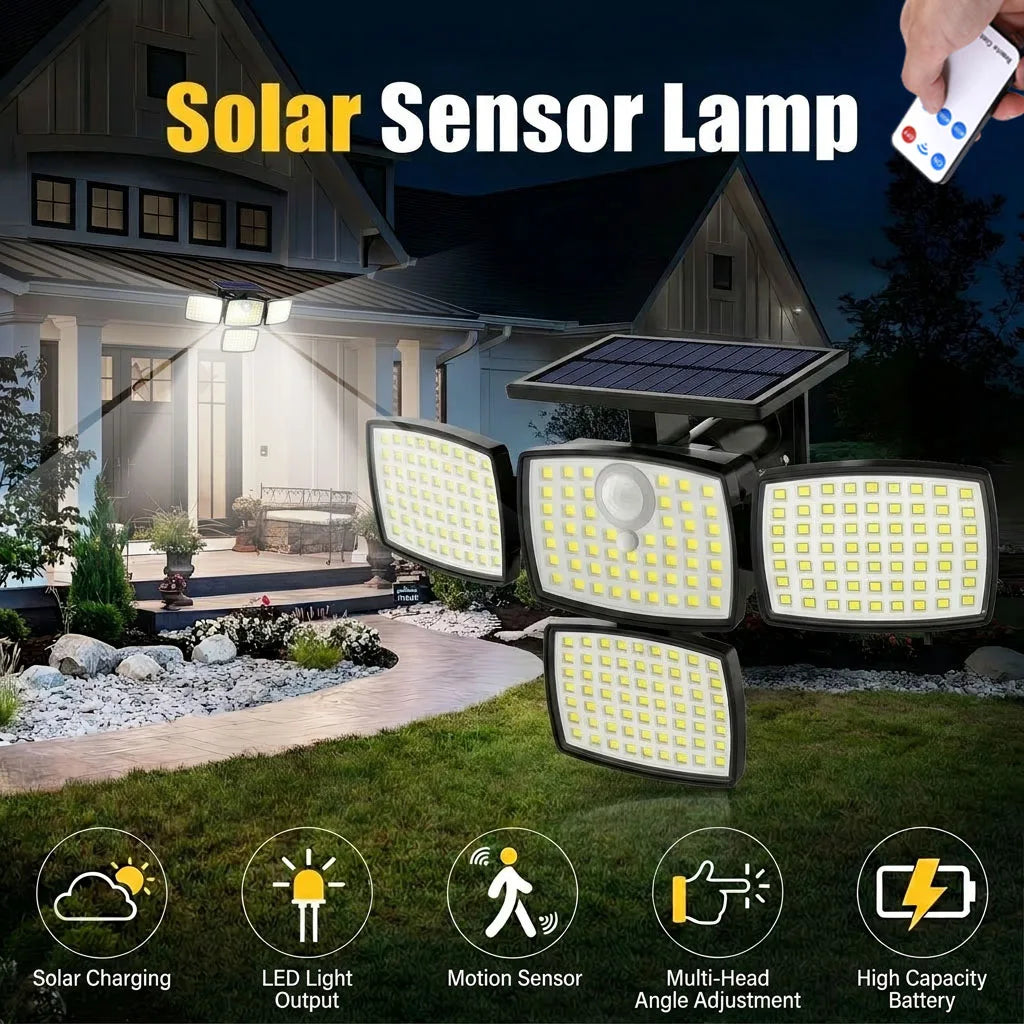 218LED Solar Motion Sensor Street Light, 4 Head Solar Lights Outdoor 3 Modes IP65 Waterproof Solar Flood Lamp for Garden, Remote