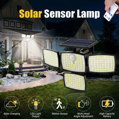 218LED Solar Motion Sensor Street Light, 4 Head Solar Lights Outdoor 3 Modes IP65 Waterproof Solar Flood Lamp for Garden, Remote