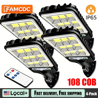 FAMCDC 4 Pack Solar Street Lights 108 COB LED Outdoor Wall Lights with Remote Control and Motion Sensor Adjustable 3 Modes Suita