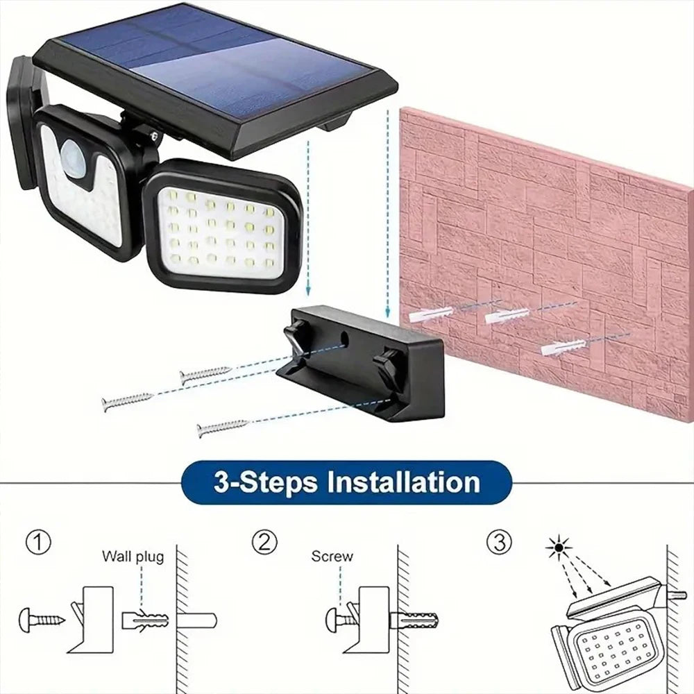 Solar Outdoor Motion Sensor Light, 3 Head Adjustable Angle Solar Security Light with 74 LEDs, Wide Angle Illumination, PIR Motion Detection, IP54 Waterproof Wireless Wall Light for Yard, Garden, Patio and Garage